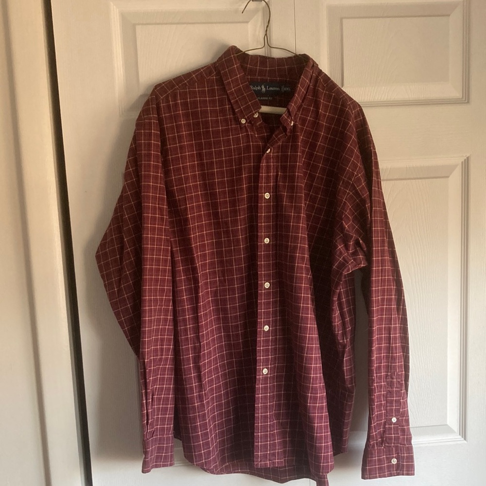 Ralph Lauren cotton classic fit, button down collar, maroon, XXL.